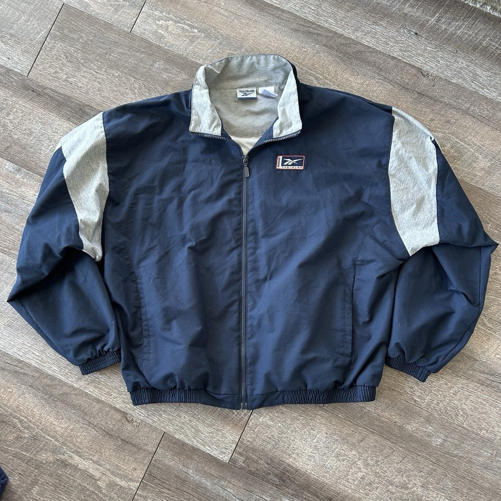 Vintage Y2K Reebok Men's Full-Zip Lightweight Windbreaker Jacket Navy Blue Gray